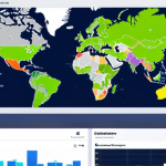 **

A split-screen image. On the left, a world map highlights different regions, each with a popular social media logo overlaid (Facebook, Instagram, TikTok, LINE, etc.). On the right, data dashboards display analytics showing varying engagement levels for each platform by region. The overall feel is clean, modern, and data-driven, suggesting the importance of understanding different channel preferences in overseas markets. Color scheme uses blues, greens, and grays, with pops of color from the social media logos.

**