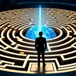 A confident business professional, viewed from behind, standing at the center of a complex, glowing global regulatory compliance maze. They hold a luminous compass pointing towards clarity. The maze walls are subtly patterned with legal symbols and country flags (representing GDPR, CCPA, LGPD), illustrating diverse international laws. The background suggests a digital, interconnected world, highlighting the strategic navigation of global compliance. Cinematic lighting, intricate detail, professional atmosphere.