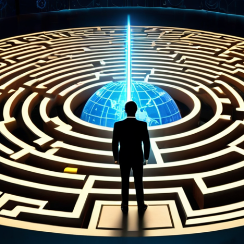 Home 23 A confident business professional, viewed from behind, standing at the center of a complex, glowing global regulatory compliance maze. They hold a luminous compass pointing towards clarity. The maze walls are subtly patterned with legal symbols and country flags (representing GDPR, CCPA, LGPD), illustrating diverse international laws. The background suggests a digital, interconnected world, highlighting the strategic navigation of global compliance. Cinematic lighting, intricate detail, professional atmosphere.