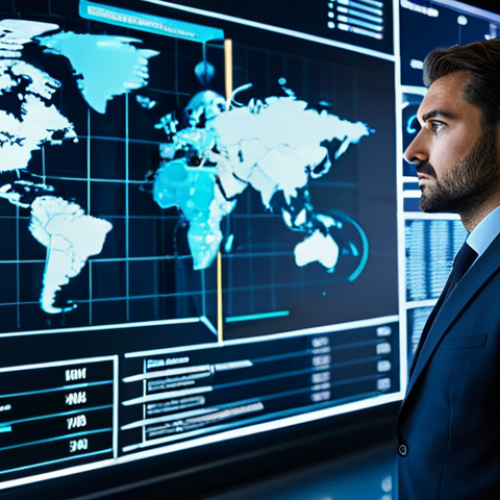 Home 21 A professional business executive, deep in thought, standing in a sophisticated global market intelligence hub. Large, interactive holographic displays project intricate data visualizations, real-time economic indicators, and illuminated world maps. The executive is impeccably dressed in a modest business suit, appropriate attire. The scene is lit with modern, strategic lighting, emphasizing the futuristic technology and global connectivity. Perfect anatomy, correct proportions, natural pose, well-formed hands, proper finger count, natural body proportions. Professional photography, high-resolution, sharp focus, vibrant colors. Fully clothed, safe for work, appropriate content, professional.