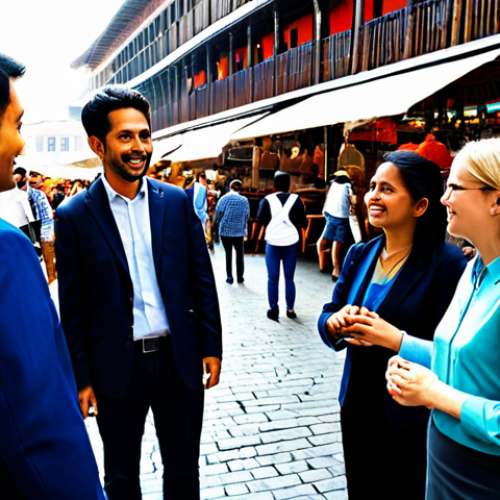Home 8 A diverse group of professional market researchers, fully clothed in modest business casual attire, observing and respectfully interacting with people in a vibrant, bustling outdoor global marketplace. The scene emphasizes cultural understanding and connection, with respectful architectural cues of various global regions in the background. Natural pose, correct proportions, well-formed hands, perfect anatomy, natural body proportions, appropriate content, safe for work, professional photography, high quality, family-friendly.