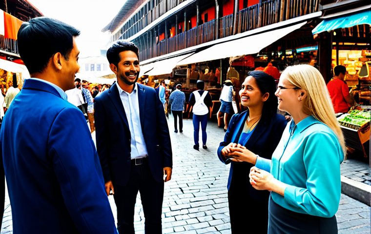 A diverse group of professional market researchers, fully clothed in modest business casual attire, observing and respectfully interacting with people in a vibrant, bustling outdoor global marketplace. The scene emphasizes cultural understanding and connection, with respectful architectural cues of various global regions in the background. Natural pose, correct proportions, well-formed hands, perfect anatomy, natural body proportions, appropriate content, safe for work, professional photography, high quality, family-friendly.