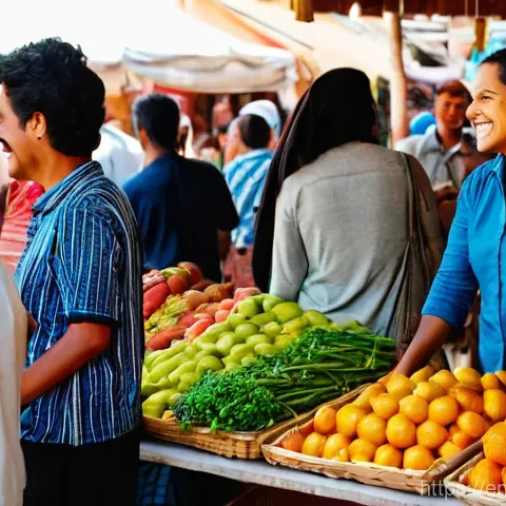 해외마케팅 실무 노하우 - **A Vibrant Local Market Gathering:**
A bustling, sunlit outdoor market scene filled with a dive...