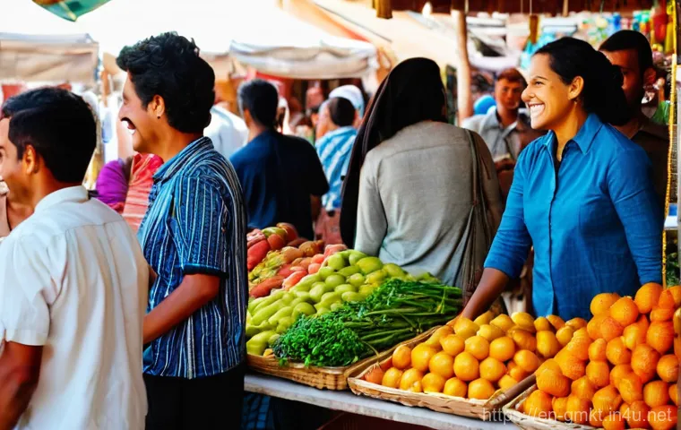 해외마케팅 실무 노하우 - **A Vibrant Local Market Gathering:**
A bustling, sunlit outdoor market scene filled with a dive...