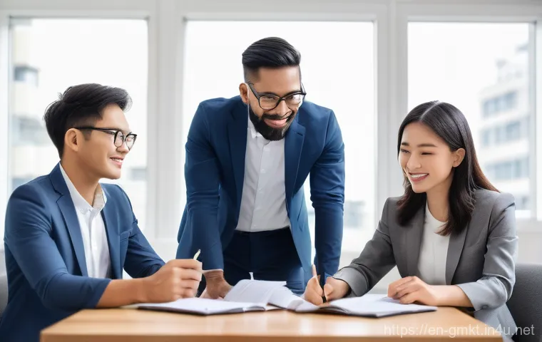 해외마케팅 클라이언트 미팅 준비 - A diverse group of professionals from various global backgrounds (e.g., a person of East Asian desce...