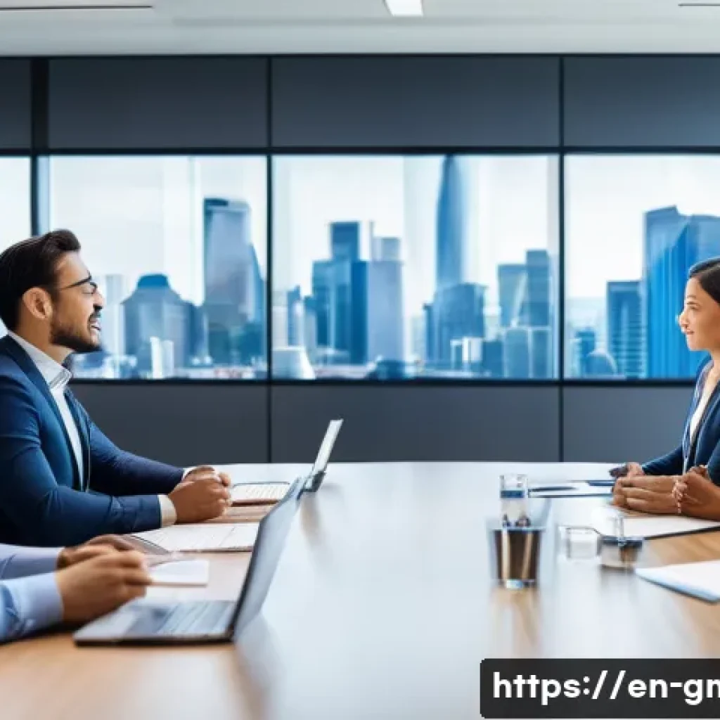 해외마케팅 연봉 협상 전략 - A modern corporate office scene showing a diverse group of international marketing professionals eng...