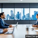 해외마케팅 연봉 협상 전략 - A modern corporate office scene showing a diverse group of international marketing professionals eng...