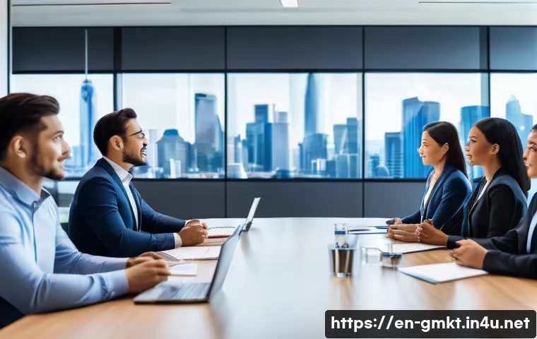 해외마케팅 연봉 협상 전략 - A modern corporate office scene showing a diverse group of international marketing professionals eng...