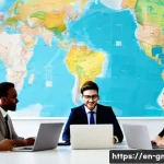 해외마케팅 프로젝트 관리법 - A diverse international marketing team collaborating in a modern office setting, featuring professio...
