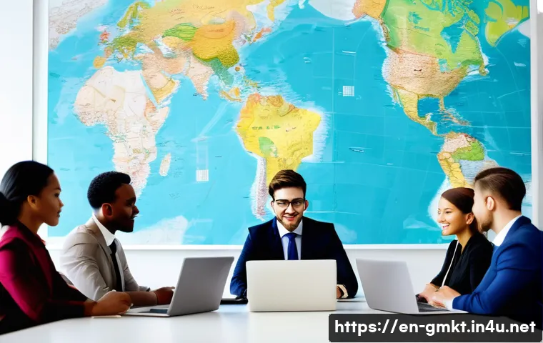 해외마케팅 프로젝트 관리법 - A diverse international marketing team collaborating in a modern office setting, featuring professio...