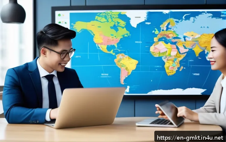 해외마케팅 심화 과정 추천 - A dynamic global marketing strategy meeting scene featuring a diverse team of mid-level marketers co...