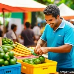 해외마케팅 사례 연구 - A vibrant Brazilian marketplace scene showing diverse people engaging warmly in community activities...