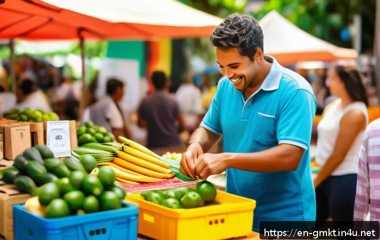 해외마케팅 사례 연구 - A vibrant Brazilian marketplace scene showing diverse people engaging warmly in community activities...