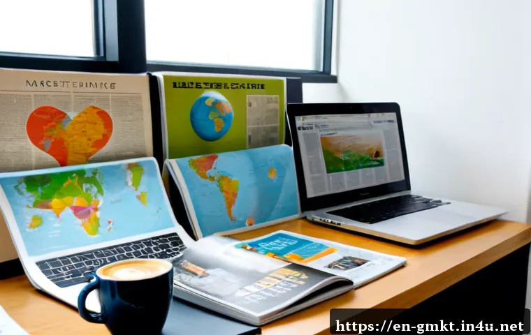 해외마케팅 전문지와 구독 추천 - Photorealistic international marketing consultant in a bright modern London office, comparing severa...