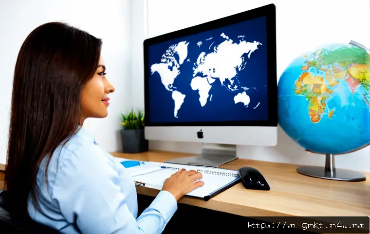 해외마케팅 트렌드 팔로우 방법 - Photorealistic global marketing analyst in a bright modern home office, middle-aged professional rev...